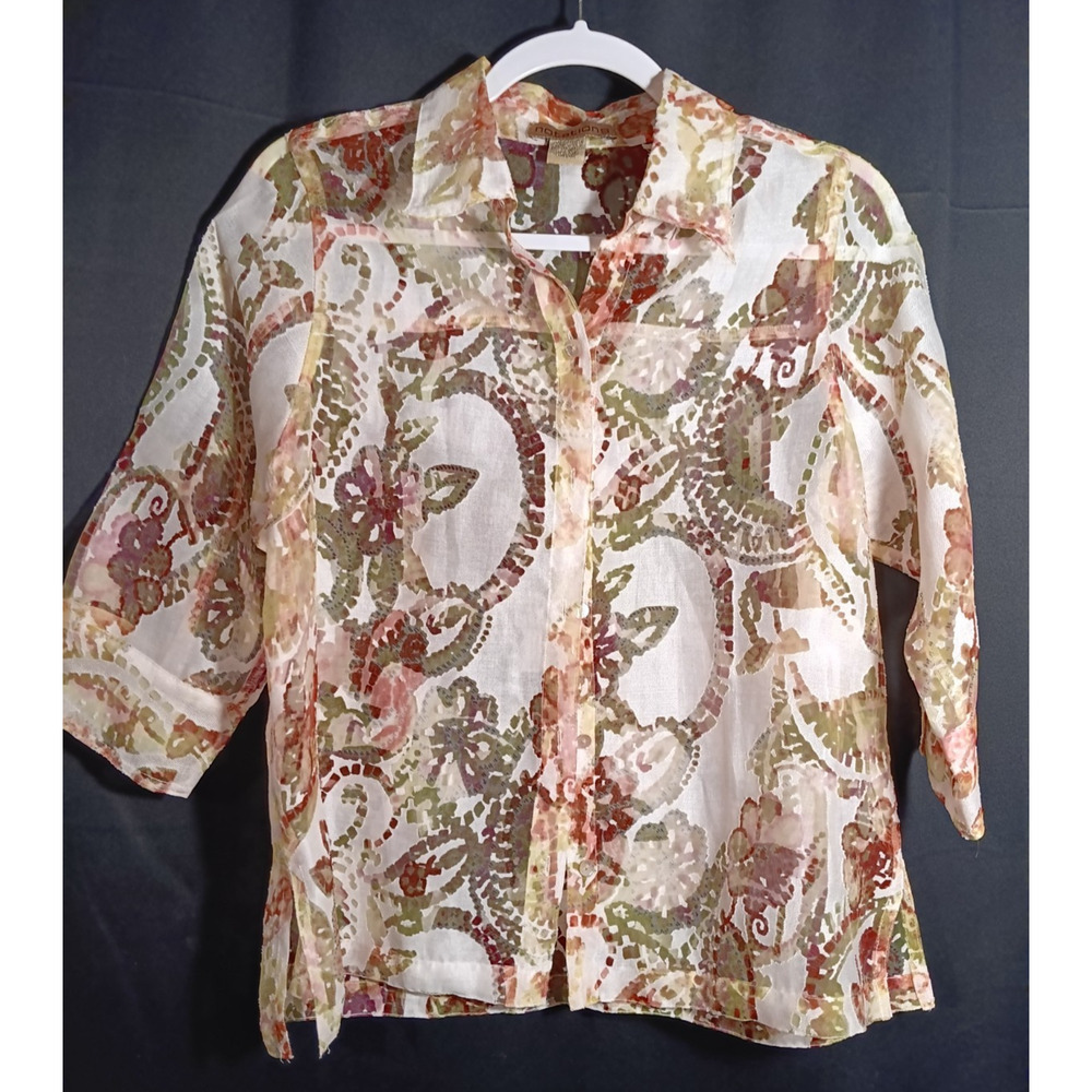 Linen Blend Sheer Burnout Button Up 3/4 Sleeve Floral Vacation Medium Notations - Picture 2 of 7
